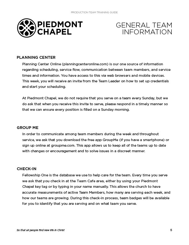 Piedmont Chapel - Production Team Training Guide